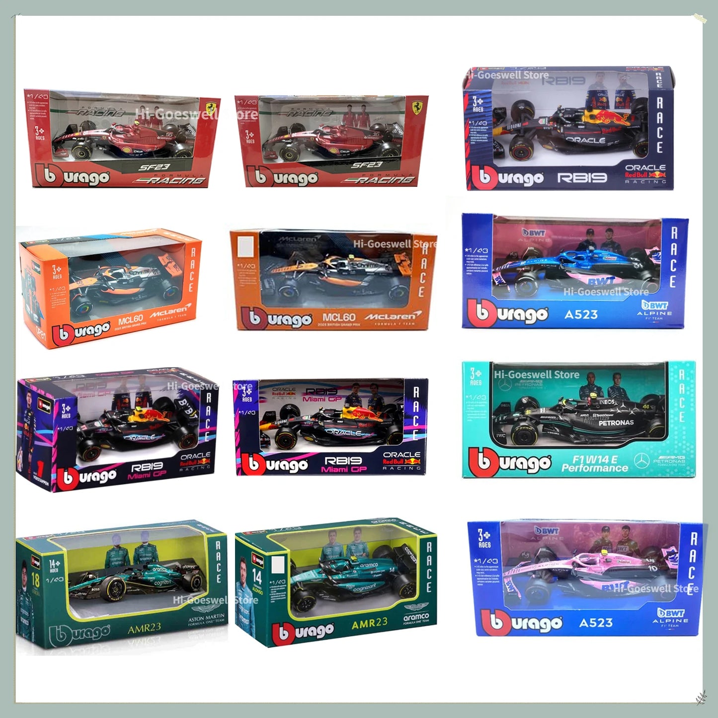 F1 COLLECTION 1:43 Aston Martin AMR23 Mercedes W14 Red Bull RB19 Miami GP Ferrari SF23 Alpine A523 F1 Model Formula Car Static Racing